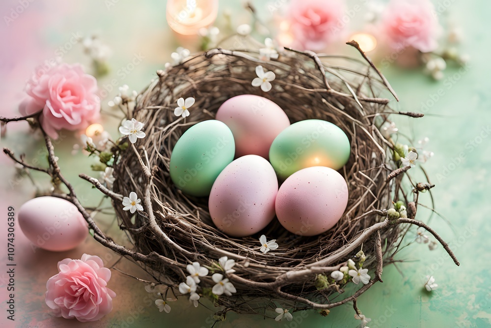Pastel colored easter eggs in a nest made of twigs and flowers set against a glowing bokeh backdrop, Ai Generated Pastel colored easter eggs in a nest made of twigs and flowers set against a glowing bokeh backdrop, Ai Generated