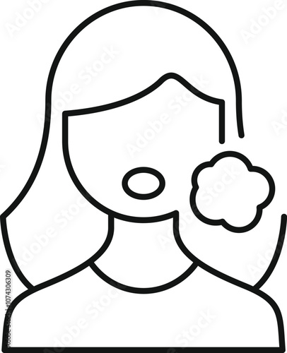 Simple, black and white vector illustration of a woman suffering from toothache, holding her cheek in pain