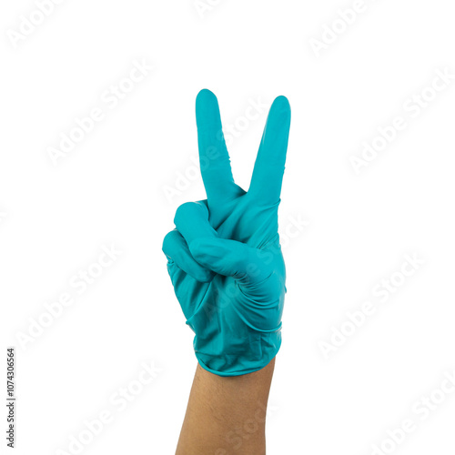 Hand gesture with medical gloves isolated on white background