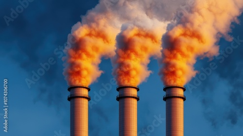 Three smokestacks emit plumes of orange smoke against a blue sky, symbolizing industrial activity and air pollution.