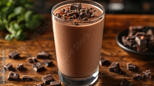 A delicious chocolate smoothie topped with chocolate shavings.