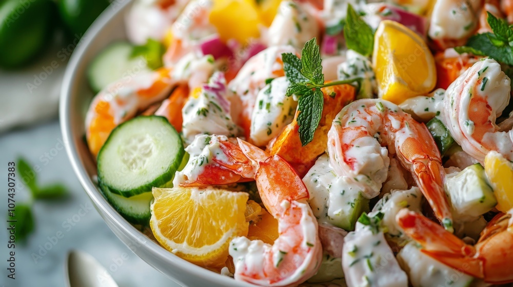 Seafood salad with a creamy cucumber yogurt dressing Seafood salad with a creamy cucumber yogurt dressing