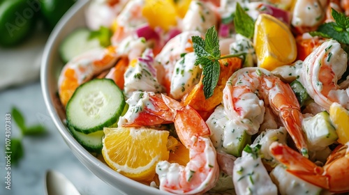 Seafood salad with a creamy cucumber yogurt dressing