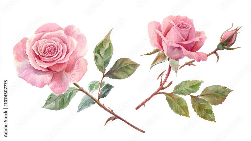 Fototapeta premium Hand drawn watercolor illustration of a blooming pink rose flower set on a white background Ideal elements for romantic floral arrangements wedding bouquets or Valentine s greeting cards