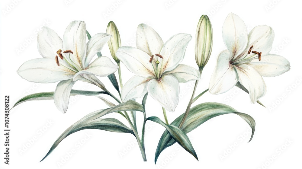 Hand drawn botanical illustration of white lilies in watercolor style featuring flowers isolated on a white background Hand drawn botanical illustration of white lilies in watercolor style featuring flowers isolated on a white background