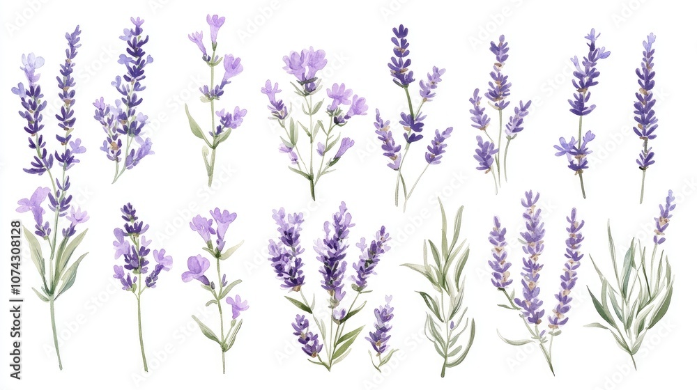 Fototapeta premium Watercolor collection of lavender flowers Hand drawn botanical clipart of lavender branches for use in wedding invitations logos cards packaging and labels