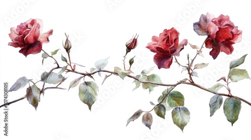 Watercolor illustration of a climbing rose isolated on a white background