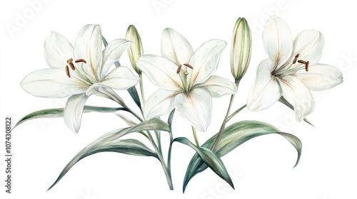 Hand drawn botanical illustration of white lilies in watercolor style featuring flowers isolated on a white background