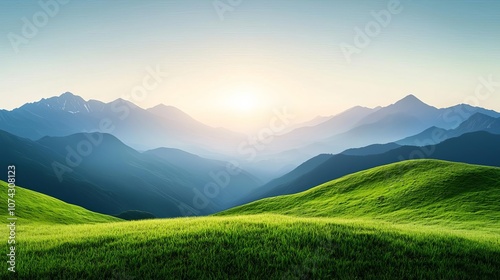 A serene landscape featuring rolling green hills under a clear blue sky, with majestic mountains in the background illuminated by a soft sunrise.