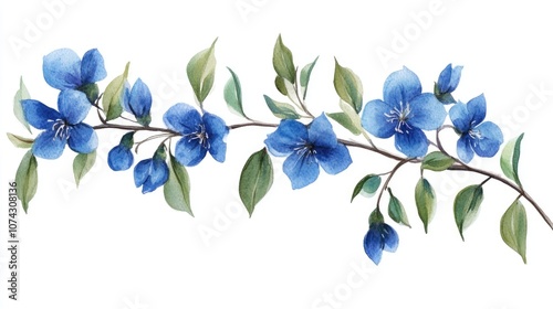 Illustration of blue flower branch Watercolor plant painting isolated on white background Floral artwork