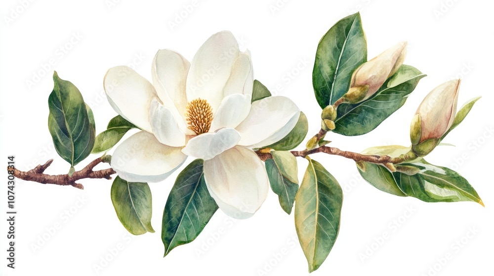 Obraz premium Watercolor magnolia and leaves suitable for greeting cards wedding invitations birthday celebrations and seasonal backgrounds