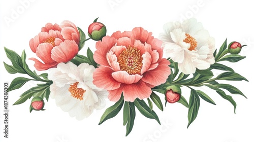 Watercolor illustration of a coral pink and white floral bouquet featuring peony flowers buds and green leaves isolated for design purposes This hand drawn spring flower arrangement is ideal for c