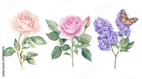 Watercolor collection featuring roses peonies lilac flowers foliage and butterflies Vintage style botanical illustration