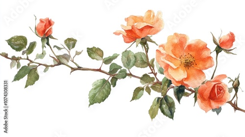 Watercolor illustration of a climbing rose isolated on a white background