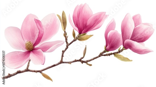 Fototapeta Naklejka Na Ścianę i Meble -  Pink magnolia flower branches watercolor illustration on a white background spring flora hand drawn design