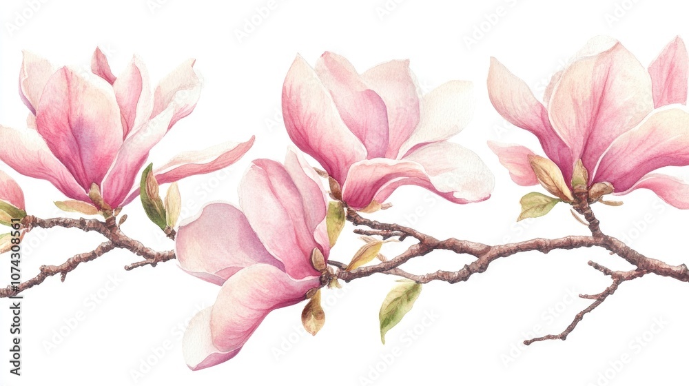 Fototapeta premium Pink magnolia flower branches watercolor illustration on a white background spring flora hand drawn design