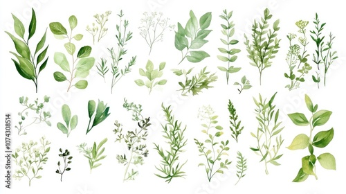 Wallpaper Mural Collection of green leaves herbs and branches Floral design components Watercolor botanical clipart Torontodigital.ca