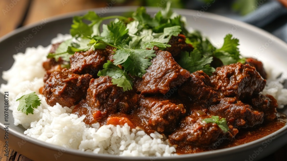 A plate of beef stew served over rice, garnished with fresh cilantro.