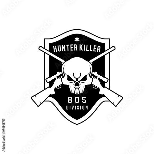 Illustration of Military skull head with Crossed rifle design badge shield logo vector template