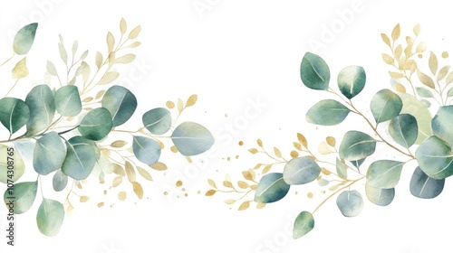 Gold wreath featuring eucalyptus and watercolor leaves Hand painted botanical floral frame Leaf illustration isolated on a white background