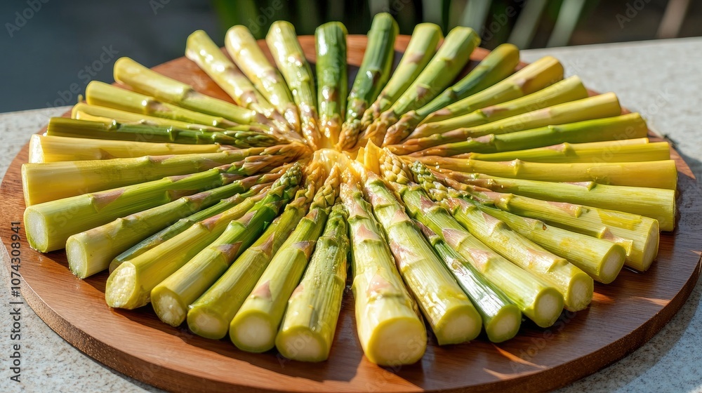 Asparagus spears arranged in a radial pattern on a round wooden board, ready for cooking. Asparagus spears arranged in a radial pattern on a round wooden board, ready for cooking.