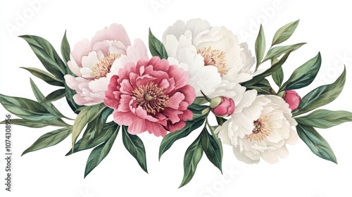 Watercolor illustration of a floral bouquet featuring pink and white peony blossoms alongside green leaves A hand drawn spring flower arrangement for card designs wedding invitations and decorativ