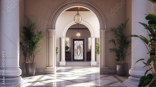 Elegant Hallway With Archways and Plants