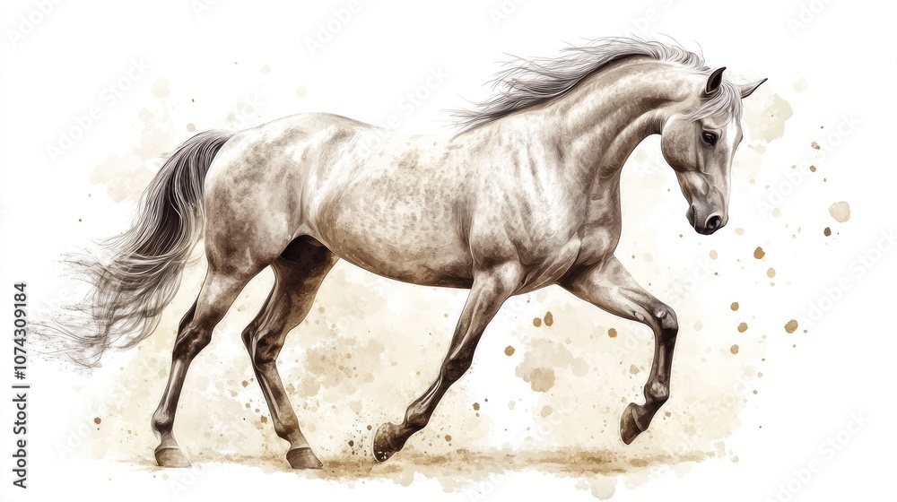 Obraz premium Sepia watercolor illustration of a dapple grey horse in a beautiful hand drawn style on a white background