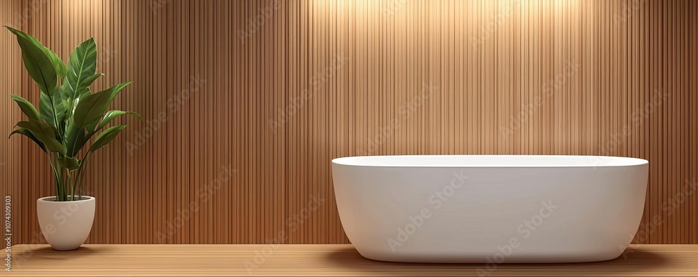 Minimalist Scandinavian bathroom with natural wood finishes, spa-like calm, large white tub, indoor plant, soft light through frosted glass, serene and airy ambiance Minimalist Scandinavian bathroom with natural wood finishes, spa-like calm, large white tub, indoor plant, soft light through frosted glass, serene and airy ambiance