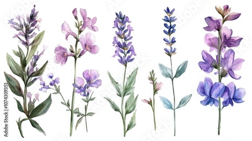 Blue violet lavender botanical flowers Isolated wild spring foliage and wildflowers Watercolor illustration collection Fashionable watercolor drawing in aquarelle style Square frame border ornamen