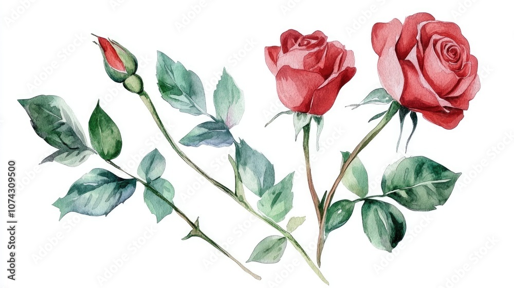 Isolated watercolor illustration of roses and leaves Isolated watercolor illustration of roses and leaves