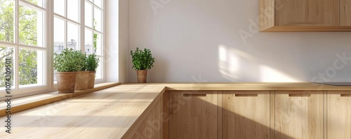 Open-plan kitchen with minimalist cabinets, bright space, light wood countertops, potted herbs on the windowsill, high ceilings, warm and airy ambiance