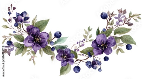 Bright wreath featuring branches adorned with purple flowers green leaves and blue berries watercolor illustration Hand drawn design suitable for prints greetings and logos