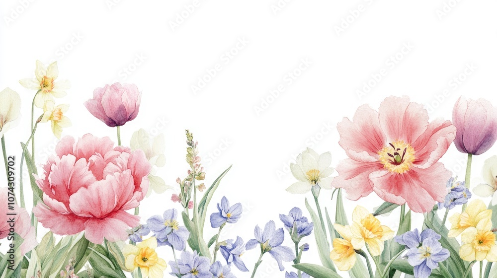 Watercolor abstract bouquet featuring peonies tulips and narcissus Hand drawn floral card of wildflowers set against a white background Suitable for design print fabric or background applications Watercolor abstract bouquet featuring peonies tulips and narcissus Hand drawn floral card of wildflowers set against a white background Suitable for design print fabric or background applications