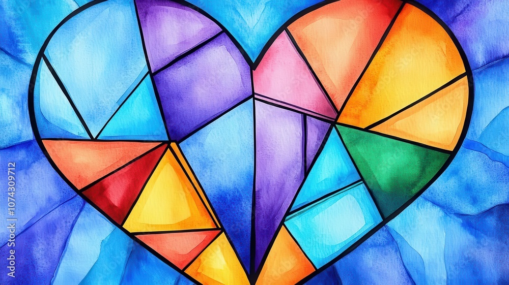 Fototapeta premium A heart formed by overlapping geometric shapes, unity in diversity, Watercolor style