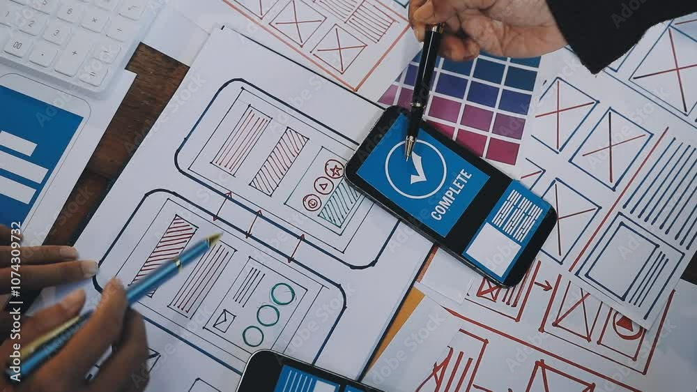 Web design process. The web designer creating a mockup of the mobile application according to the customer's brief. Samples and sketches laying at the table