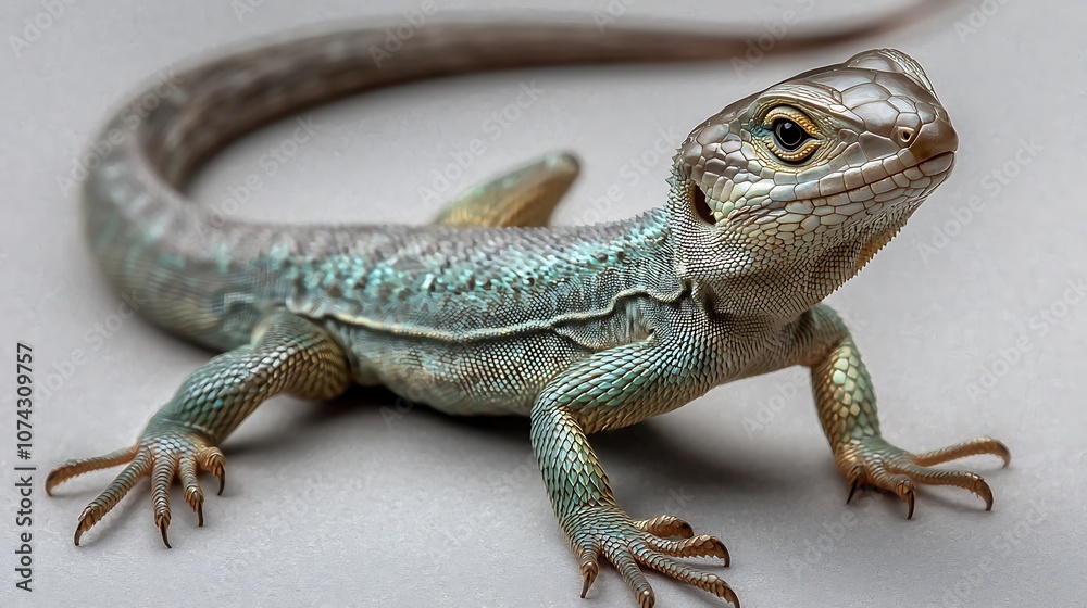 Fototapeta premium Green Lizard with Sharp Claws on White Background