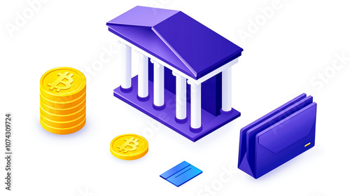 3D Illustration of Cryptocurrency and Banking Concepts Featuring Bitcoin Coins, a Classic Bank Building, and a Digital Wallet Interface for Financial Transactions