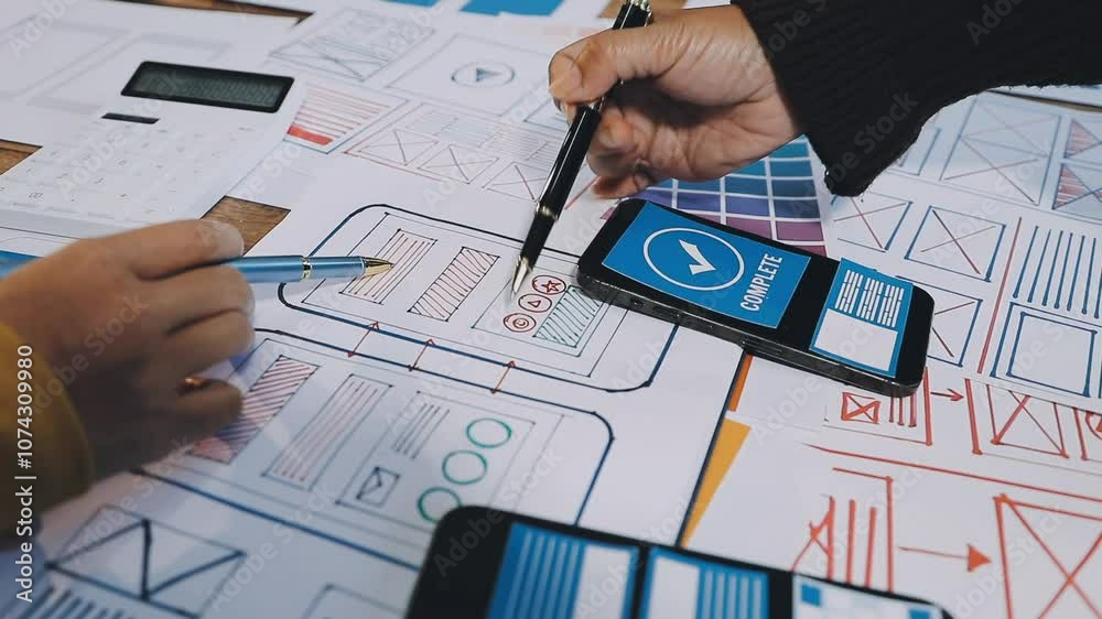 Web design process. The web designer creating a mockup of the mobile application according to the customer's brief. Samples and sketches laying at the table Web design process. The web designer creating a mockup of the mobile application according to the customer's brief. Samples and sketches laying at the table