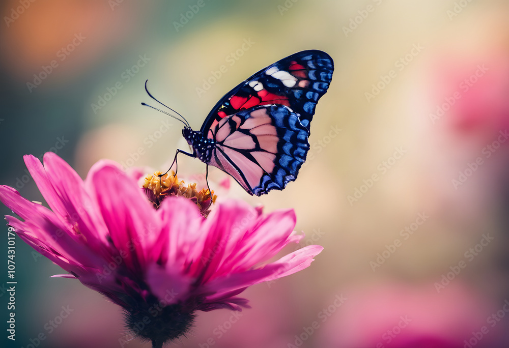 A vibrant butterfly with colorful wings perched on a pink flower, surrounded by a blurred background of more flowers, creating a serene and natural scene. A vibrant butterfly with colorful wings perched on a pink flower, surrounded by a blurred background of more flowers, creating a serene and natural scene.
