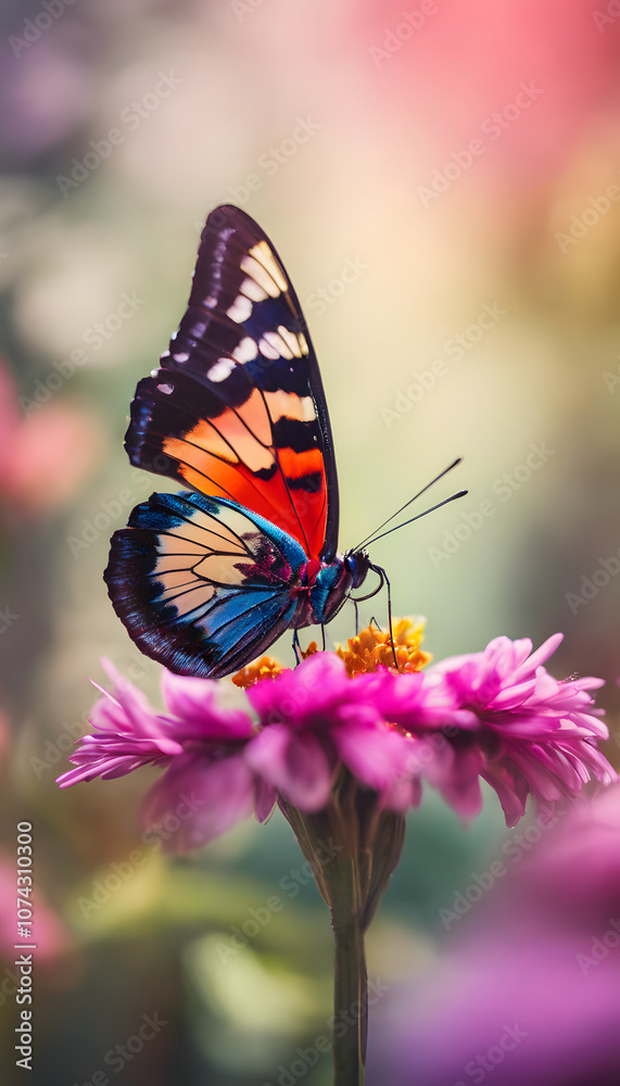 A vibrant butterfly with colorful wings perched on a pink flower, surrounded by a blurred background of more flowers, creating a serene and natural scene. A vibrant butterfly with colorful wings perched on a pink flower, surrounded by a blurred background of more flowers, creating a serene and natural scene.