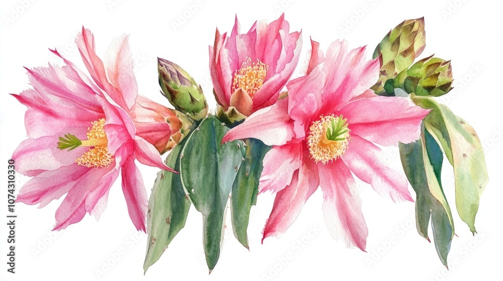 Obraz premium Blooming Schlumbergera cactus on a white background Watercolor artwork
