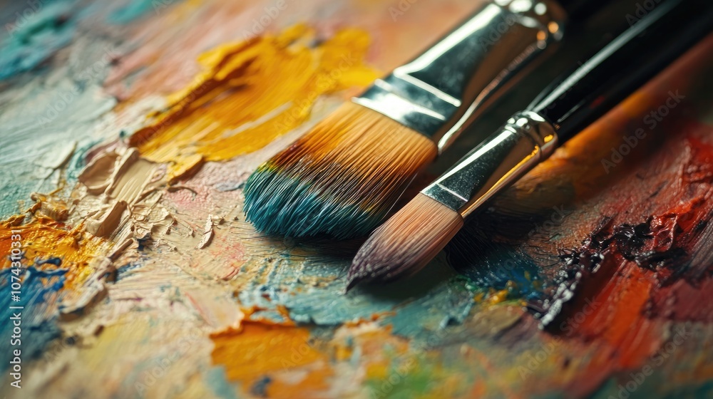 Fototapeta premium Close up of watercolor paints and brush