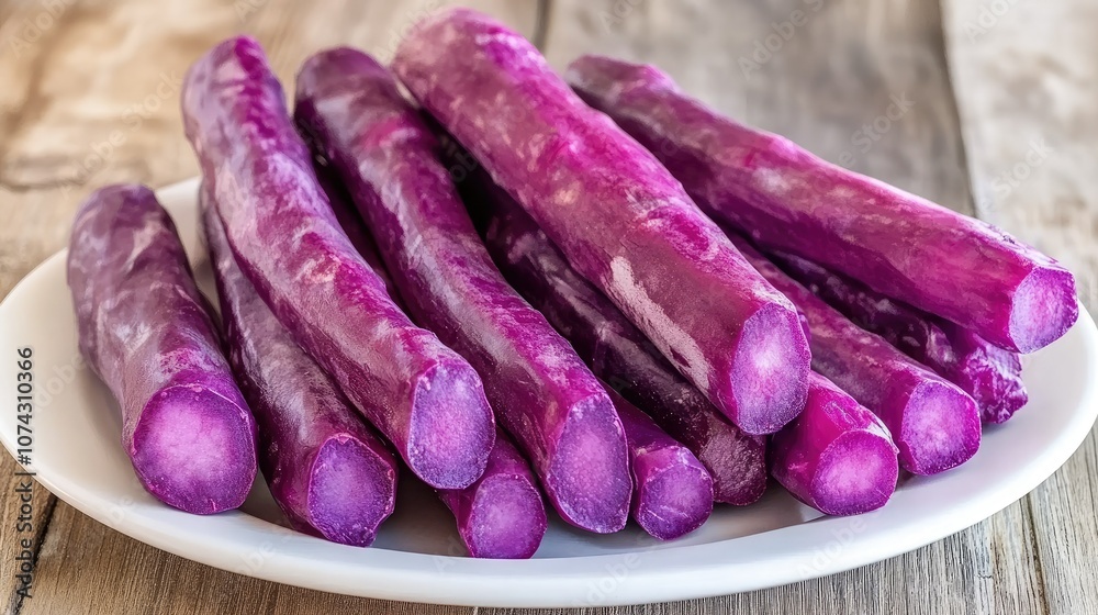 Bunch of purple asparagus spears arranged on a white plate, accentuating their unique color. Bunch of purple asparagus spears arranged on a white plate, accentuating their unique color.
