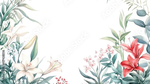 Watercolor illustration featuring hand drawn botanical flowers and leaves including lily clivia amaryllis bergenia heliotrope lungwort pink lobelia jasmine willow and eucalyptus Isolated frame on 