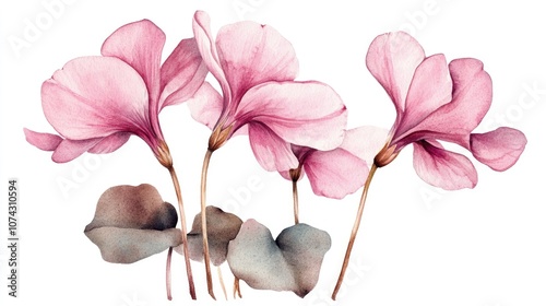 Watercolor illustration of cyclamen flowers featuring pink blooms showcasing a botanical design suitable for home decor Watercolor clipart of pink cyclamen