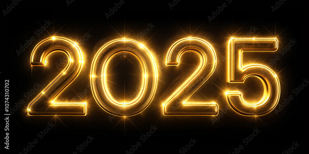 Glowing golden neon numbers '2025' with sparkling effects on a black background, perfect for New Year celebrations, festive posters, and countdown themes Glowing golden neon numbers '2025' with sparkling effects on a black background, perfect for New Year celebrations, festive posters, and countdown themes