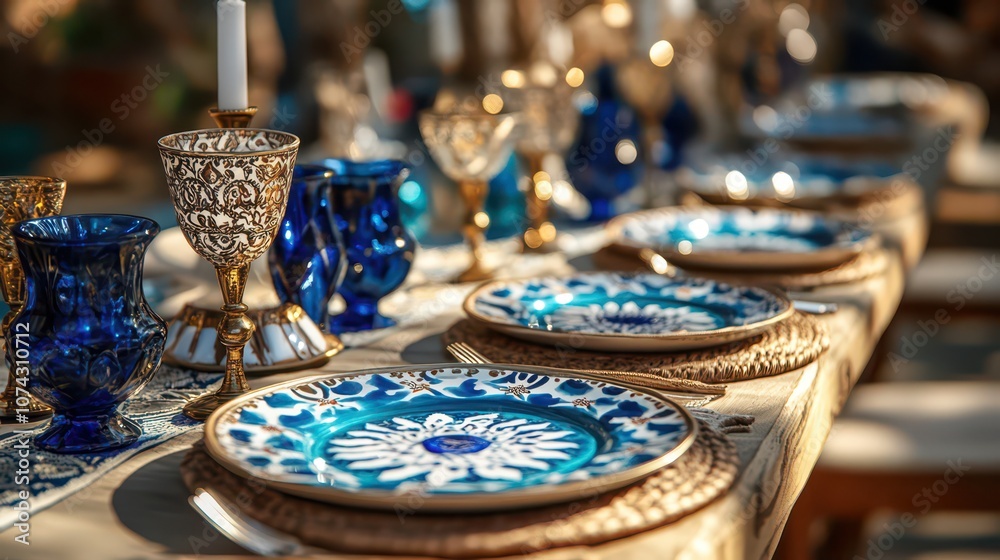 Elegant table setting for greek independence day celebration with traditional blue and white dinnerware. Horizontal banner. Copy space. Holiday decorated table Elegant table setting for greek independence day celebration with traditional blue and white dinnerware. Horizontal banner. Copy space. Holiday decorated table