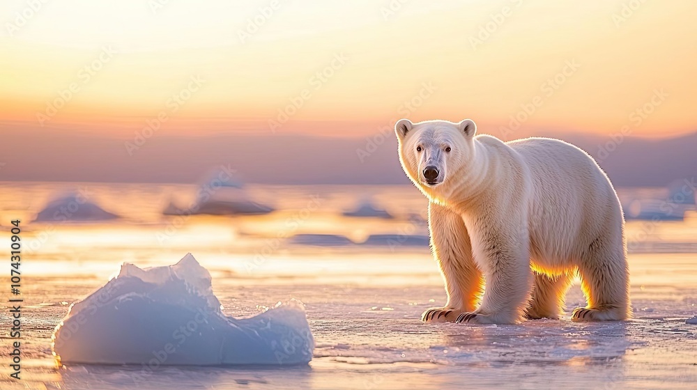 Polar bear walking on ice against a colorful sunset background. Polar bear walking on ice against a colorful sunset background.
