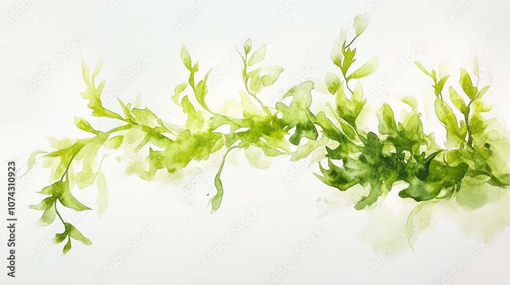 Watercolor depiction of green algae on a white background Watercolor depiction of green algae on a white background
